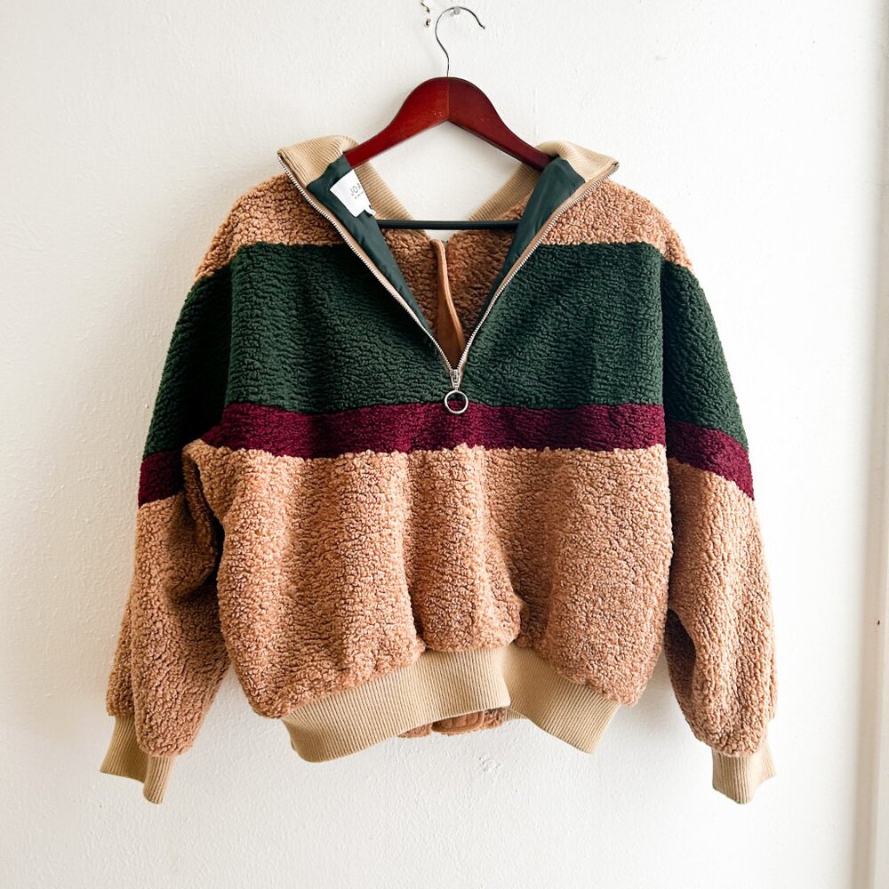 REVOLVE X J.O.A. Colorblock Teddy Faux Fur Jacket In Beige‎ & Forest SZ Small - Picture 6 of 11